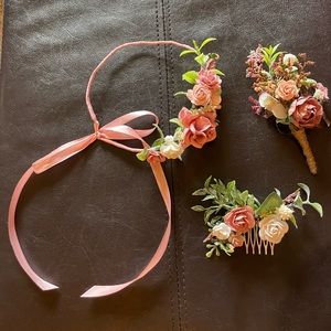 rose flowers wedding accessories set: boutonnière, hair pin, hair wreath